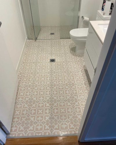 Bathroom with patterned floor tiles running into a glass-screened shower